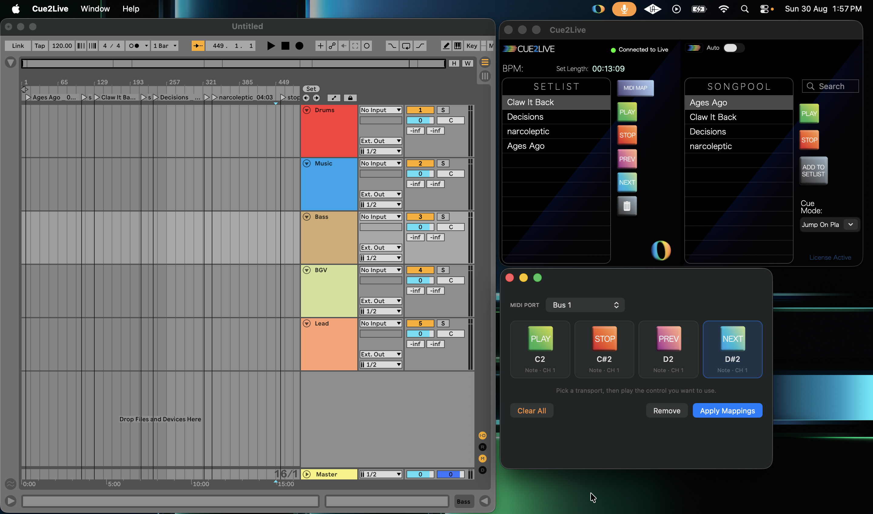 Cue2Live MIDI mapping view