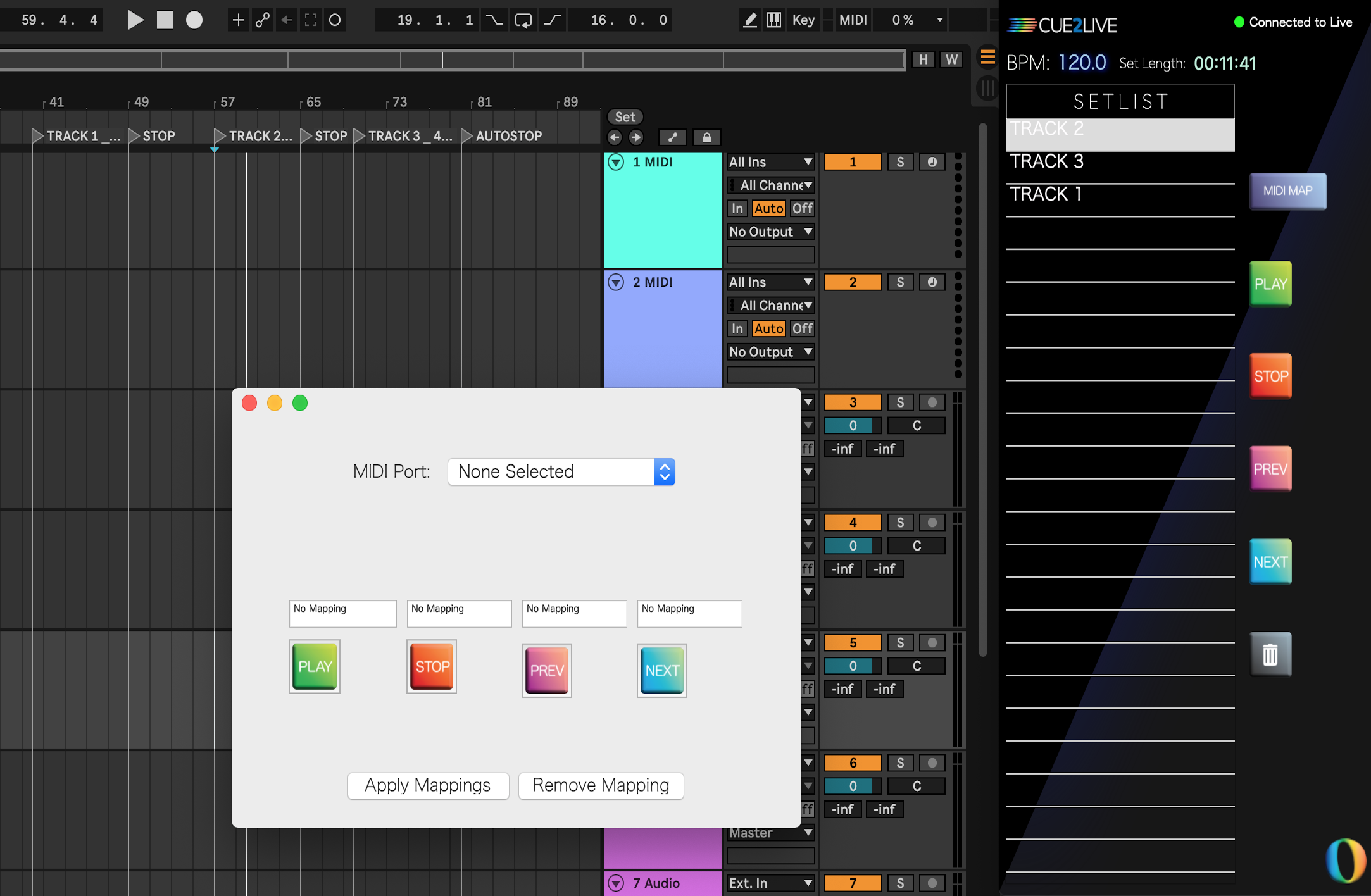 Cue2Live MIDI Map